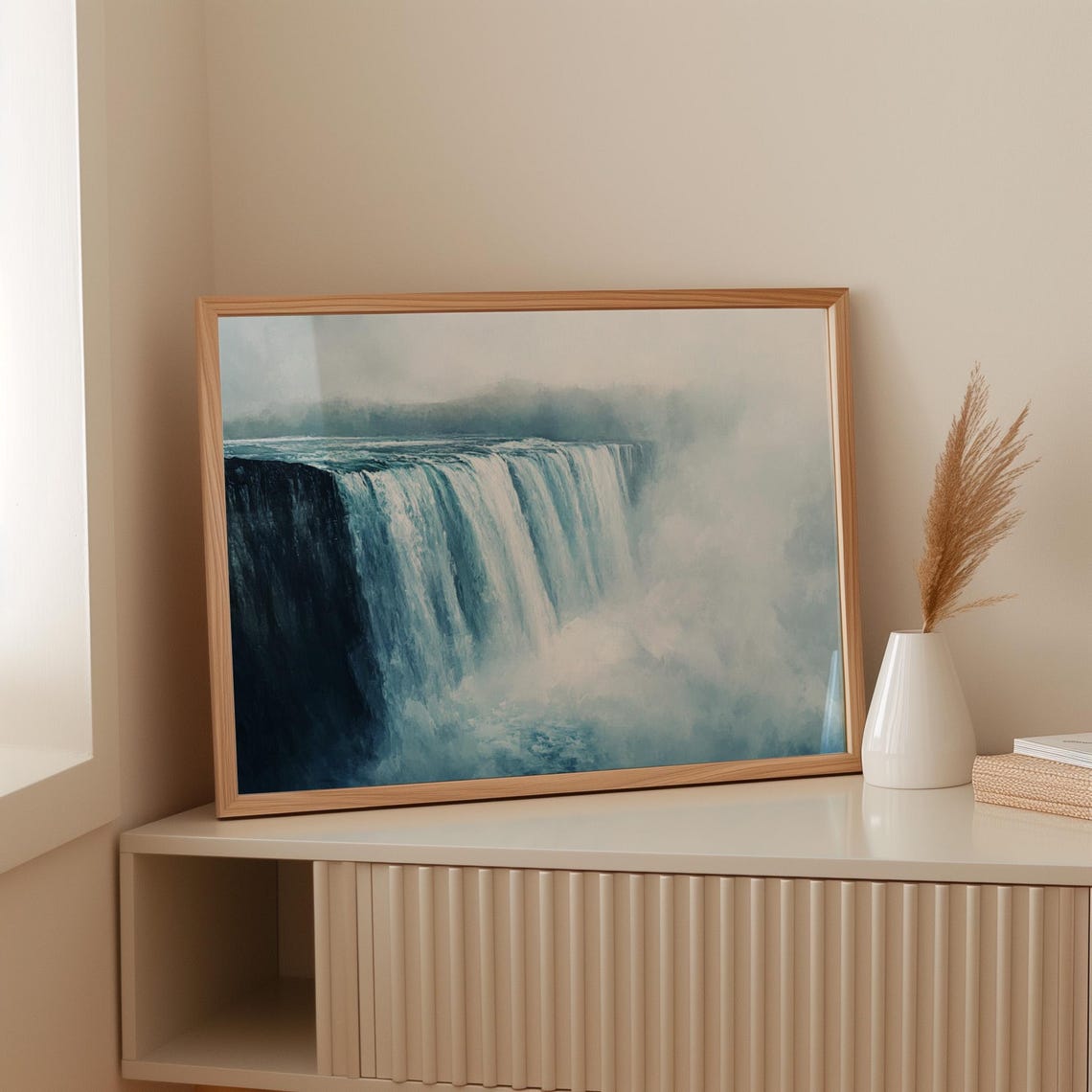 Majestic Waterfall Cascading Into Misty Waters Soft Brushstroke Detailing Tranquil Nature Scene For Peaceful Home Decor