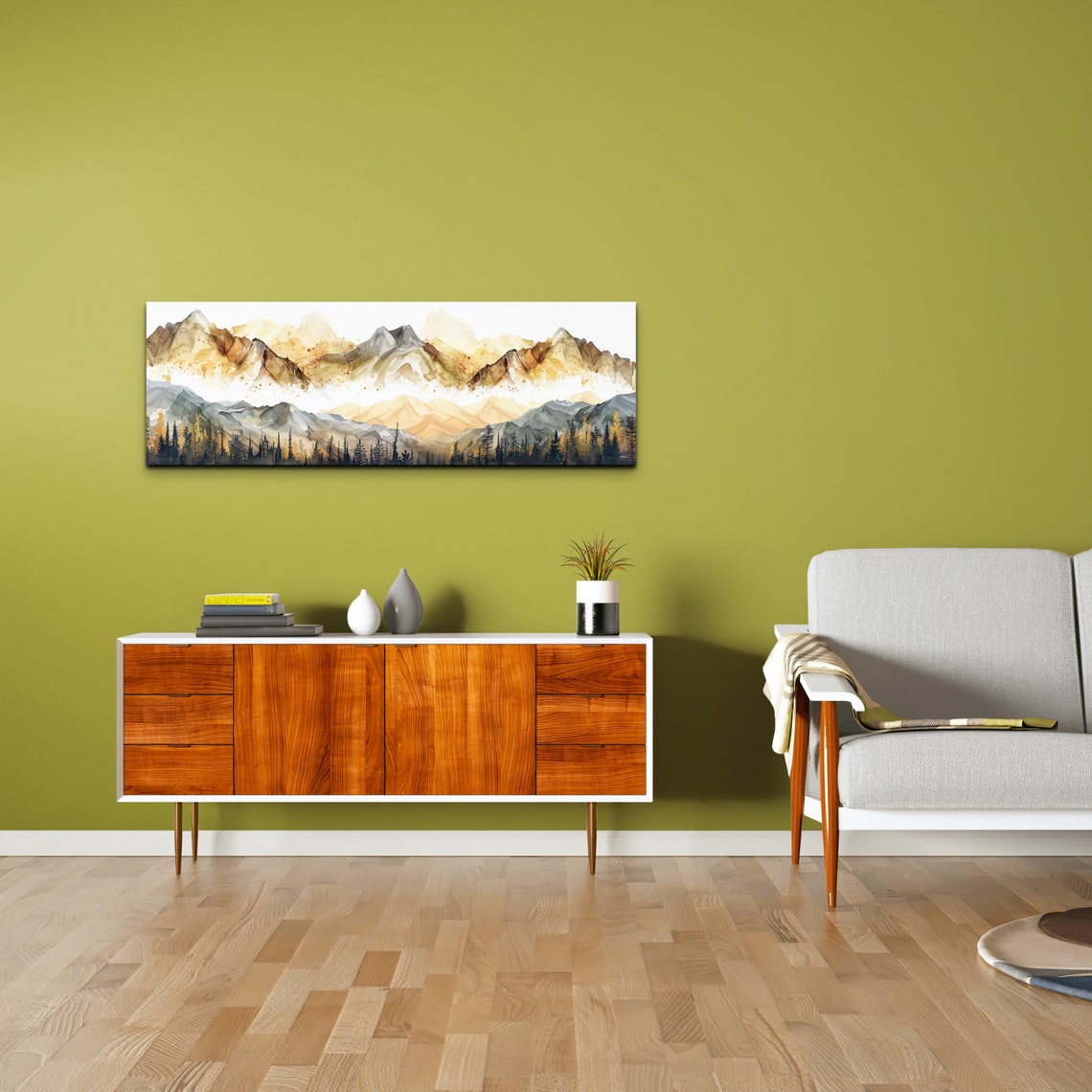 Mist Covered Mountains Gray Gold Panoramic Watercolor Poster - Image 5