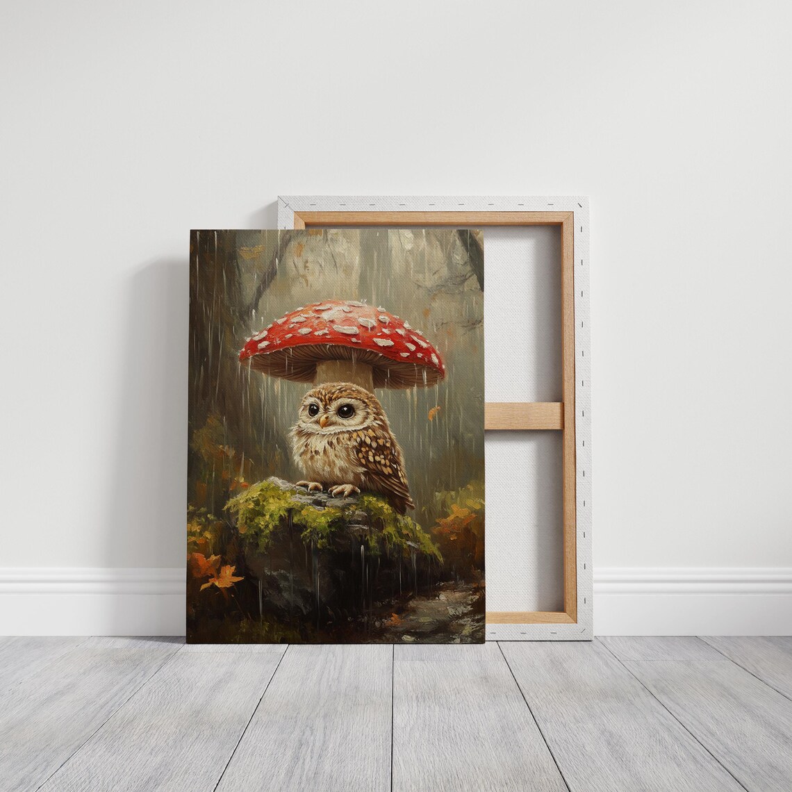 Baby Owl Sheltered By Red Mushroom Woodland Rain Painting Poster - Image 3