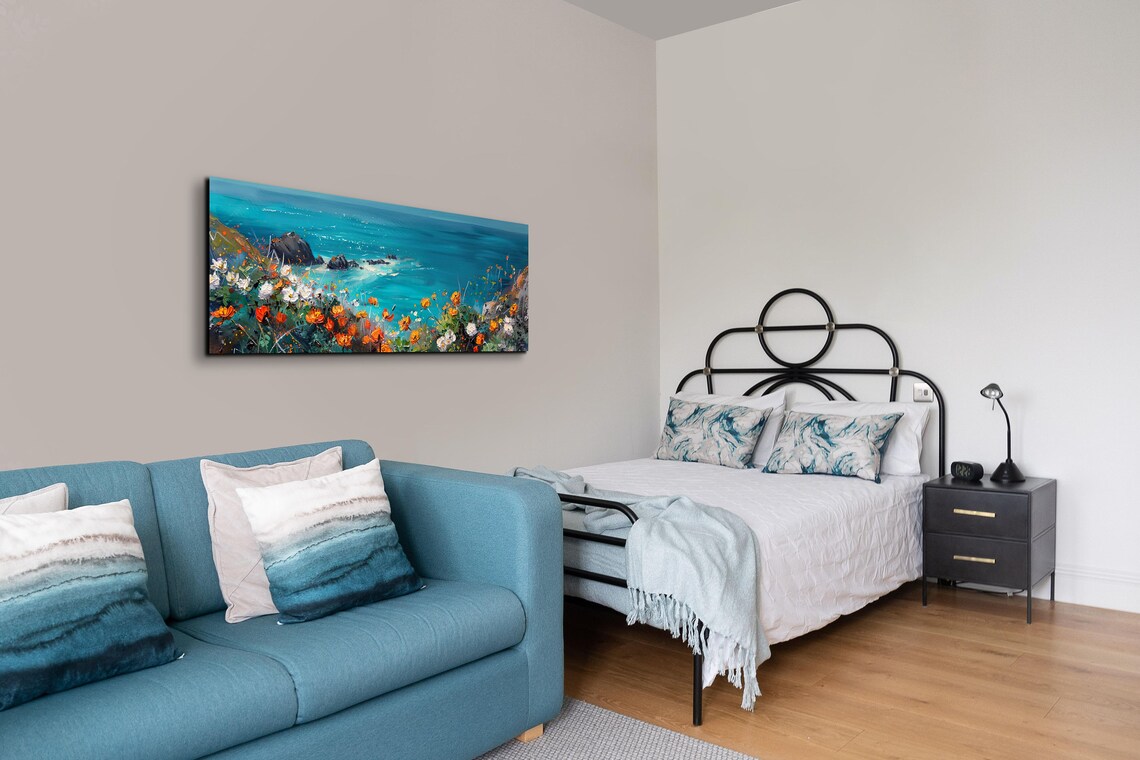 Coastal Poppy Flowers Over Turquoise Ocean Panoramic Art Poster - Image 3