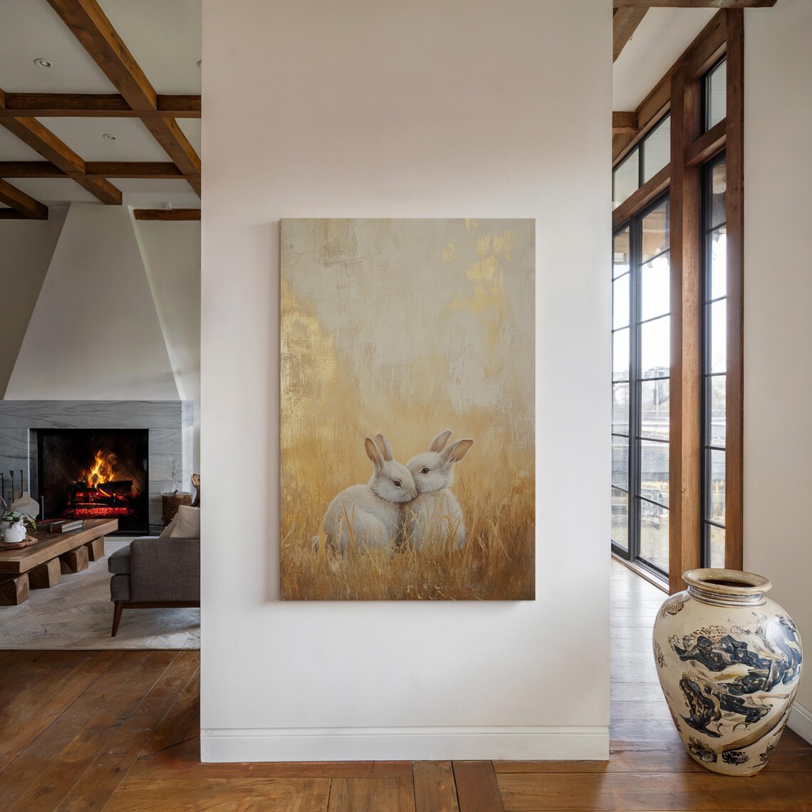 Two White Rabbits Nuzzling Together in Golden Wheat Field Glow Poster - Image 3