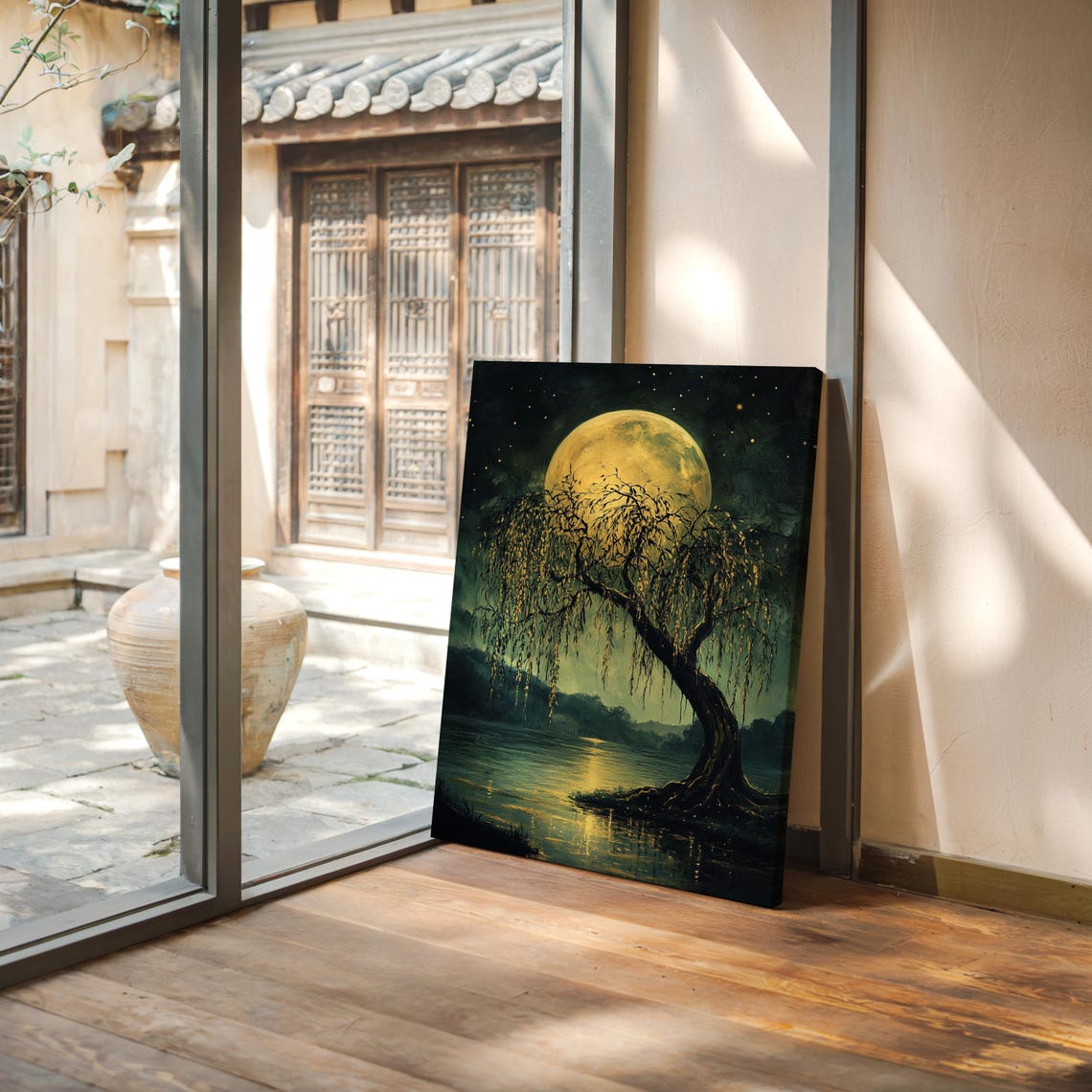 Moonlit Willow Serene Nightscape With Weeping Tree And Full Moon Reflection Mystical Nature Wall Art For Peaceful Decor - Image 6