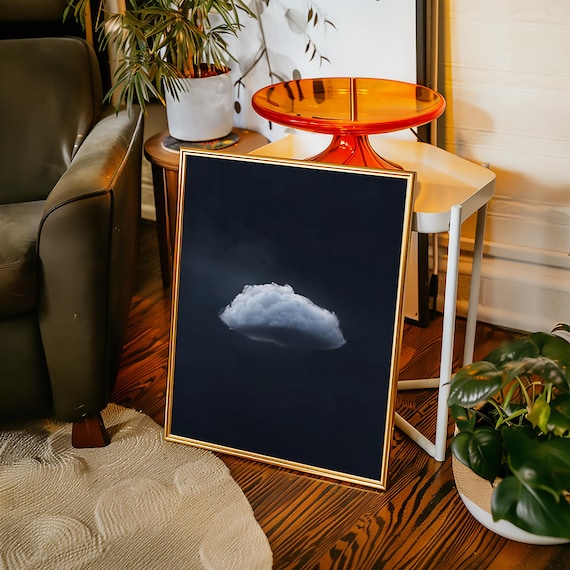 Tiny White Cloud on Dark Night Sky Minimalist Print for Calm Walls
