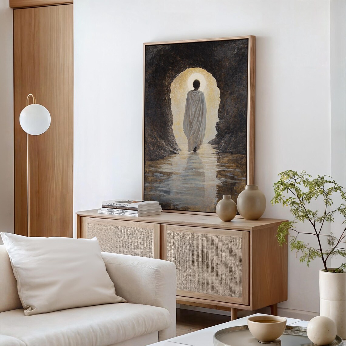 Robed Figure Walking Toward Glowing Light in Stone Archway Poster - Image 4
