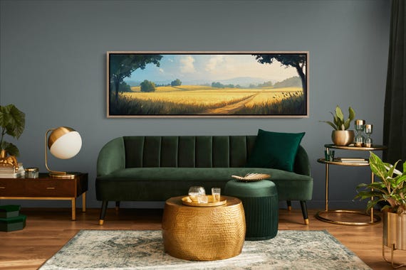 Golden Wheat Field Rustic Landscape Art Countryside Farmhouse Decor Rolling Hills Wall Print Vintage Nature Painting