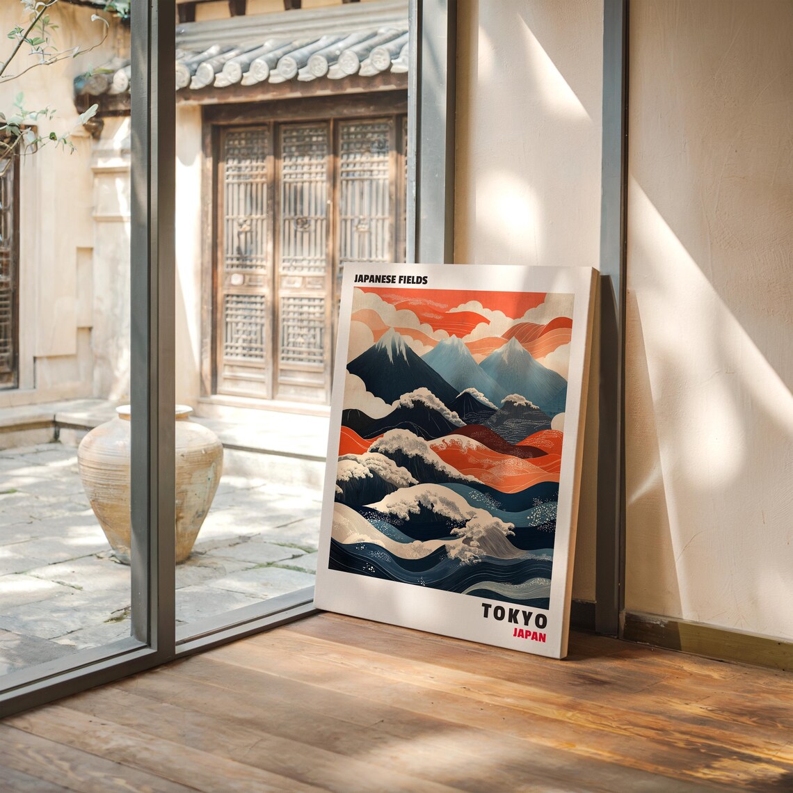 Ukiyo-e Japanese Mountains with Red and Blue Waves Tokyo Poster - Image 3