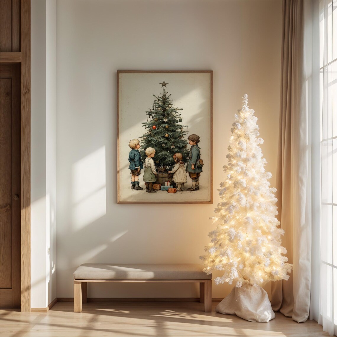 Vintage Christmas Children Around Tree, Holiday Poster