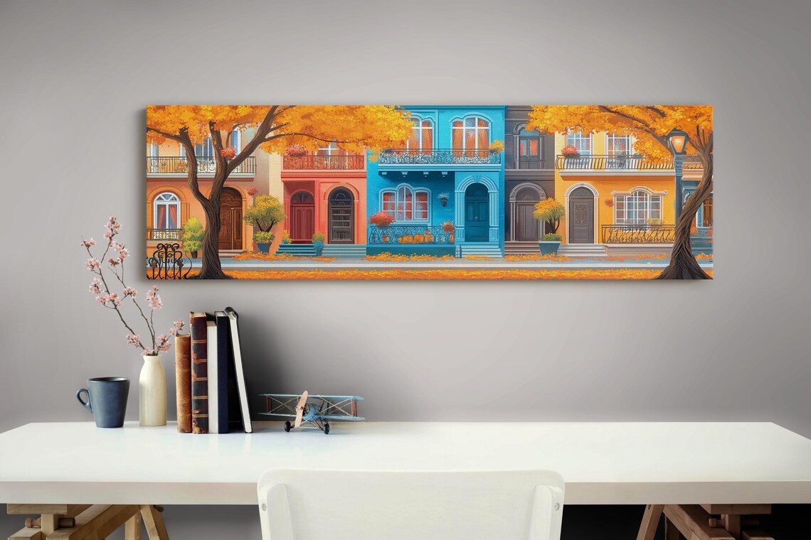 Charming Row Houses Fall Street Scene Vibrant Town Poster Decor - Image 4