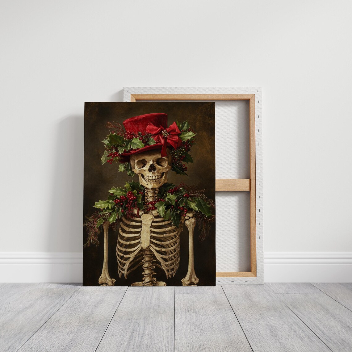 Festive Skeleton in Red Top Hat with Holly Berries Holiday Gothic Poster - Image 2