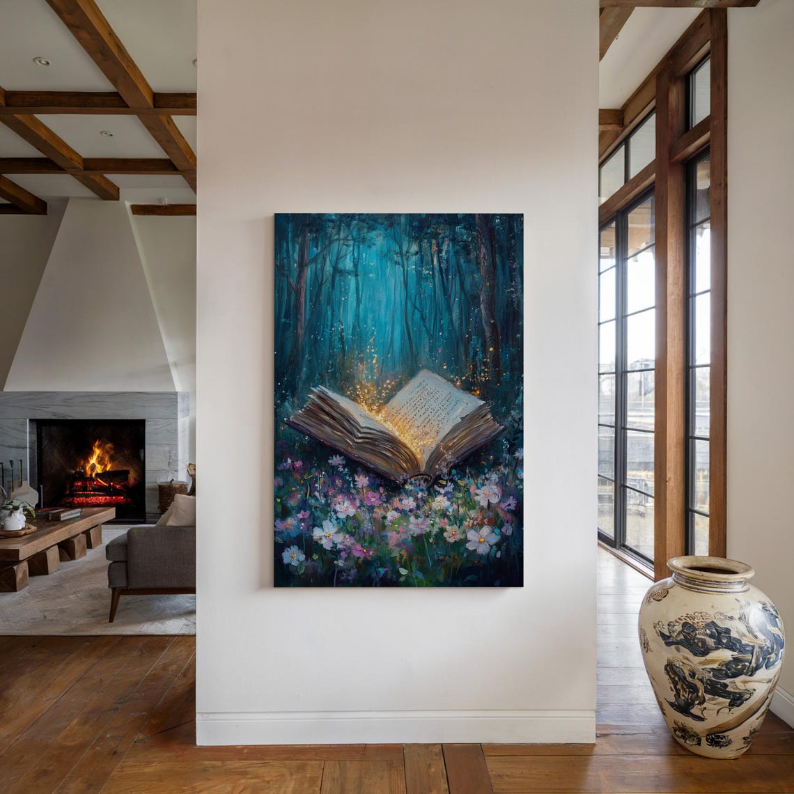 Magical Glowing Open Book in Moonlit Forest With Wildflowers Poster - Image 3