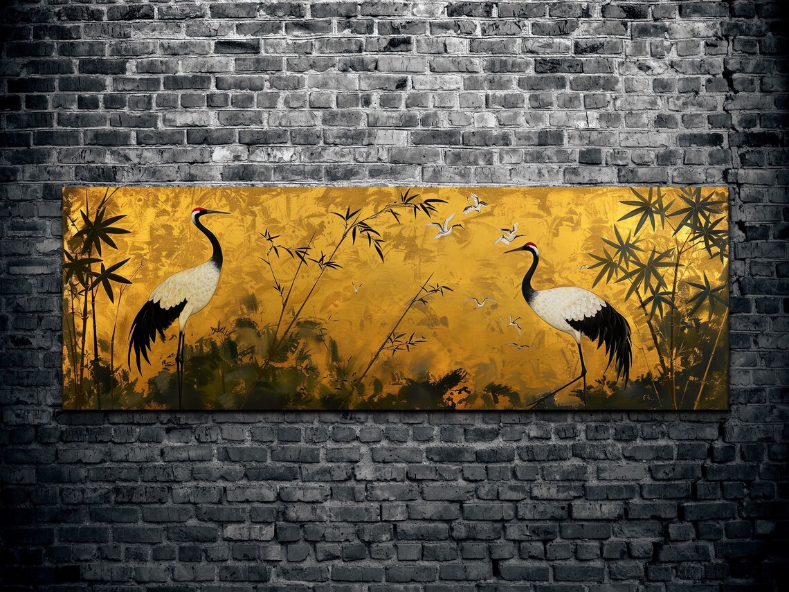 Red Crowned Cranes and Bamboo on Gold East Asian Style Poster - Image 2