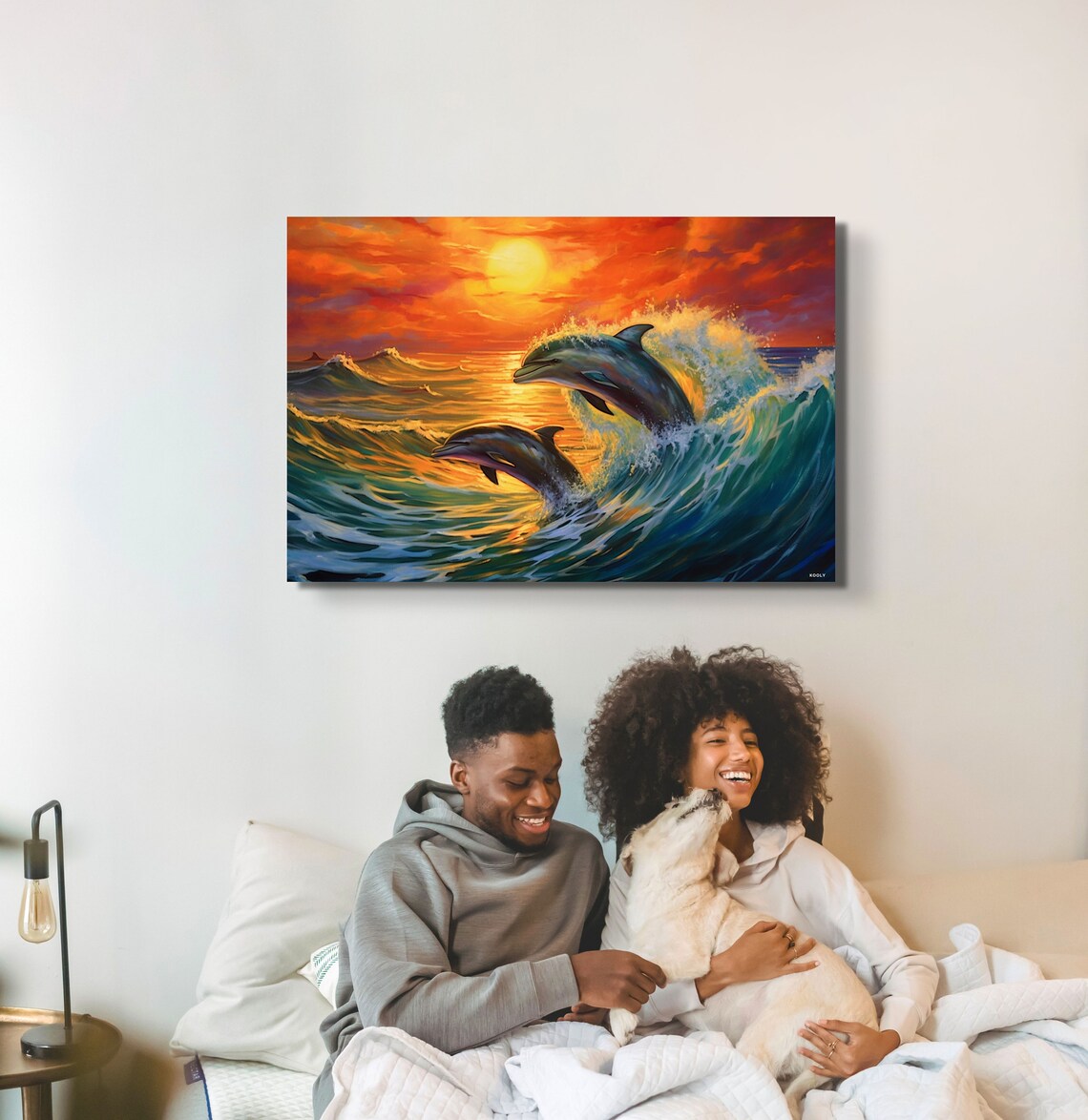 Dolphins Leaping Golden Sunset Ocean Waves Sea Life Art Poster - Image 2