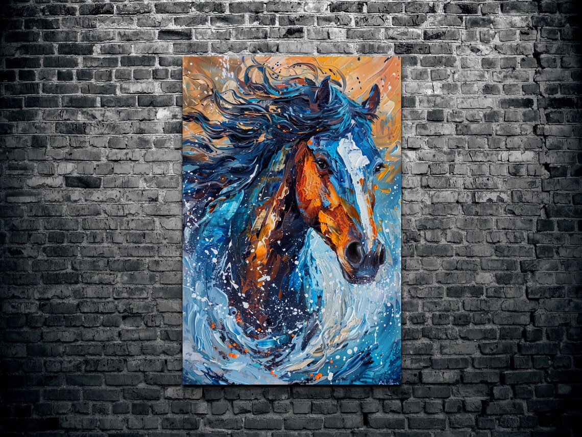 Dynamic Horse Head in Blue Orange Palette Knife Paint Swirl Poster - Image 2