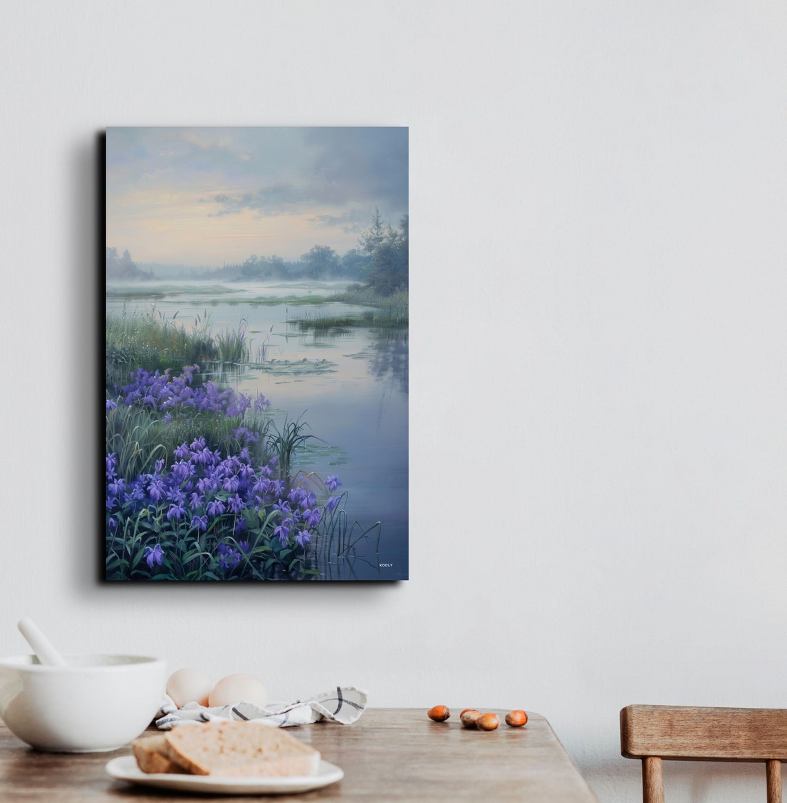 Purple Wildflower Meadow Along Misty River Nature Wall Poster - Image 4