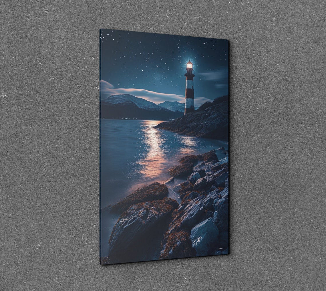 Lighthouse At Night Starry Sky Rocky Coast Ocean Beacon Wall Art - Image 7