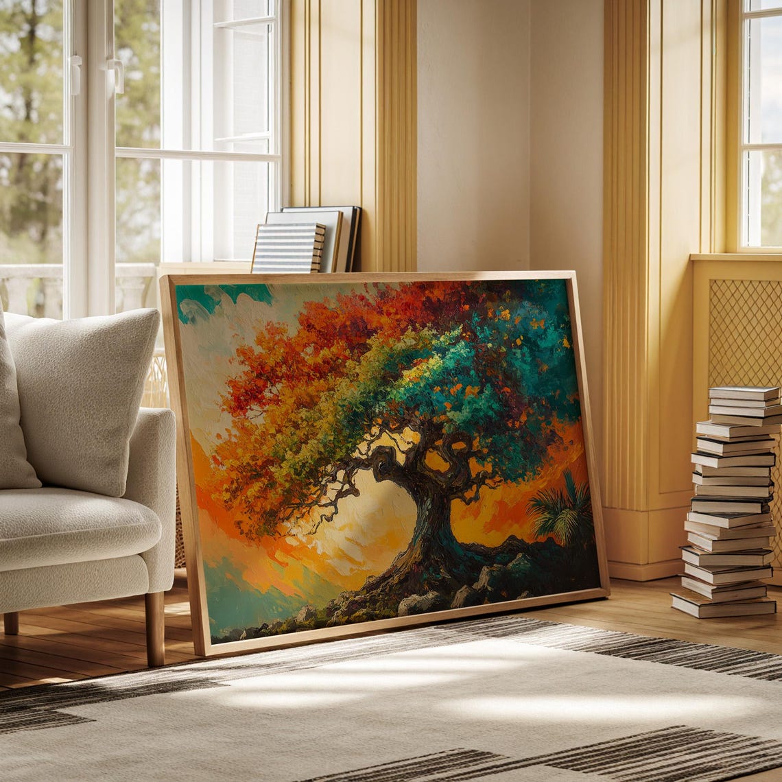 Vibrant Twisted Tree With Multicolor Foliage Fiery Painting Wall Art - Image 3