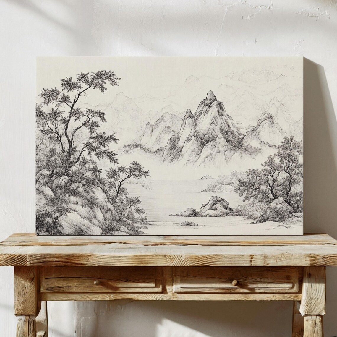 Chinese Style Ink Landscape With Mountains And Lake Art Poster