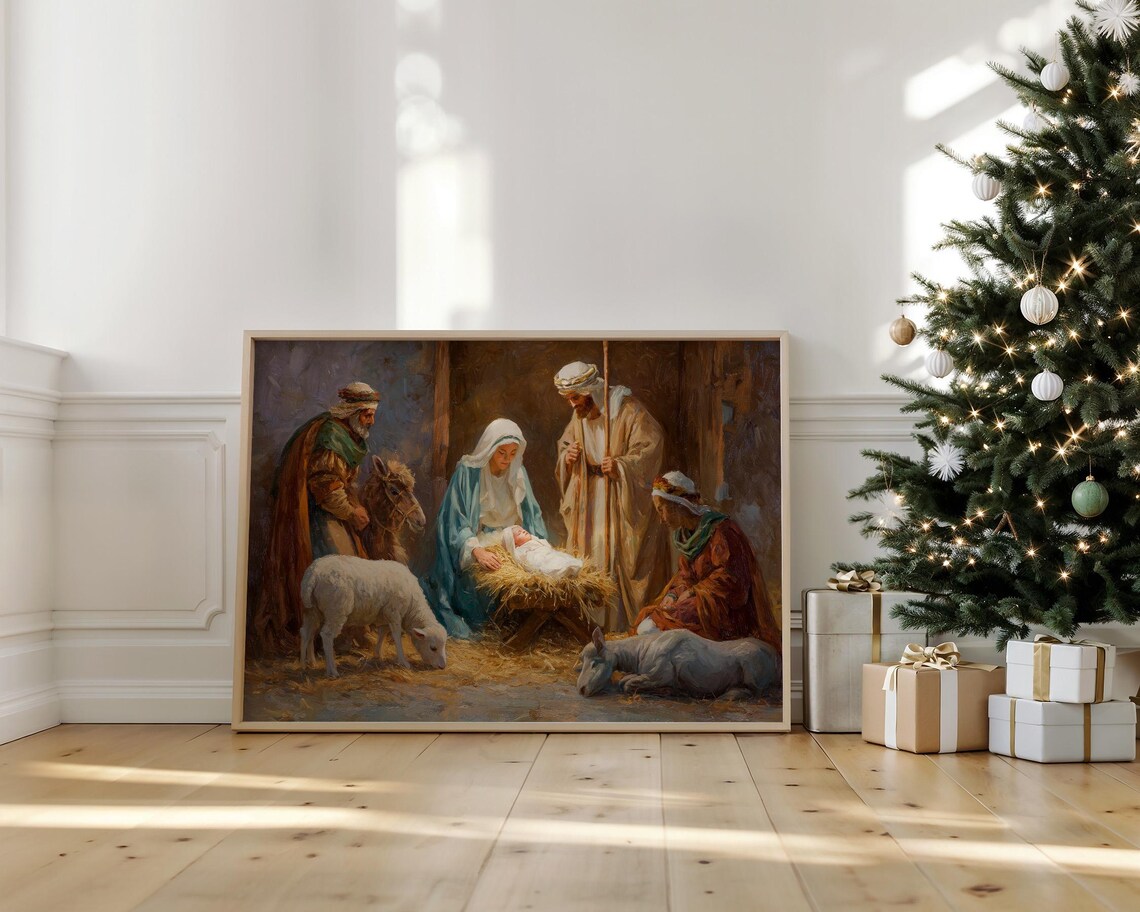 Holy Family Nativity Scene Shepherds Animals Manger Painting Poster