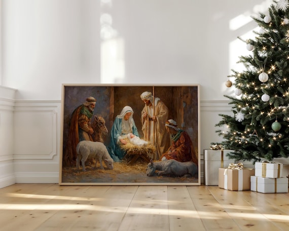 Holy Family Nativity Scene Shepherds Animals Manger Painting Poster