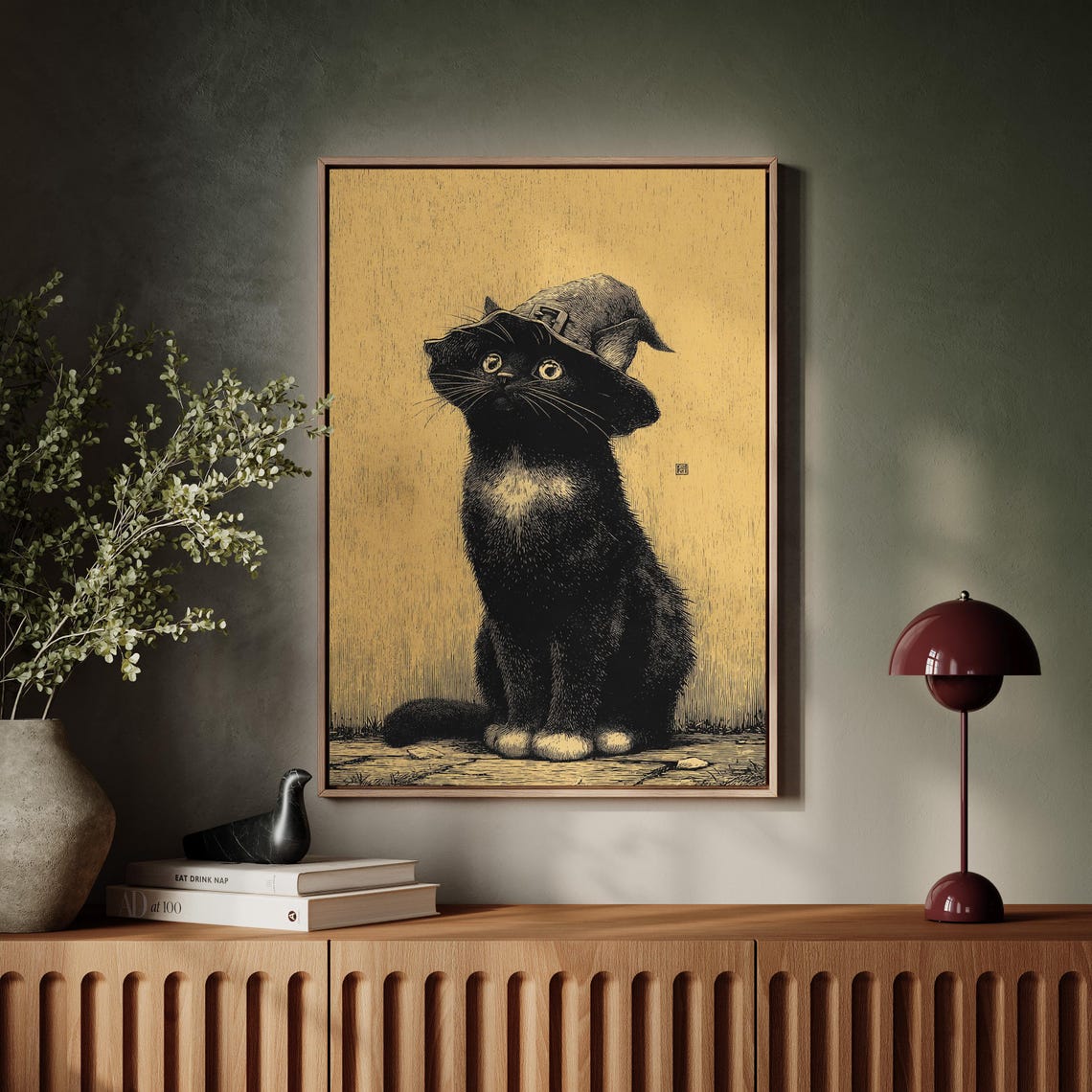 Black Cat in Witch Hat Vintage Halloween Illustration Art Poster