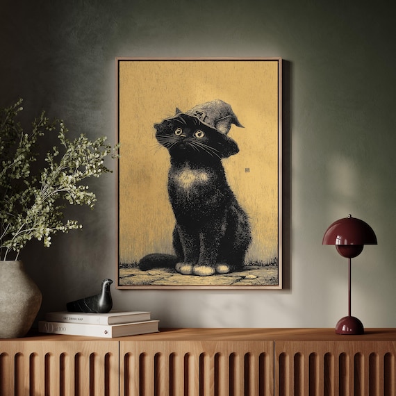 Black Cat in Witch Hat Vintage Halloween Illustration Art Poster