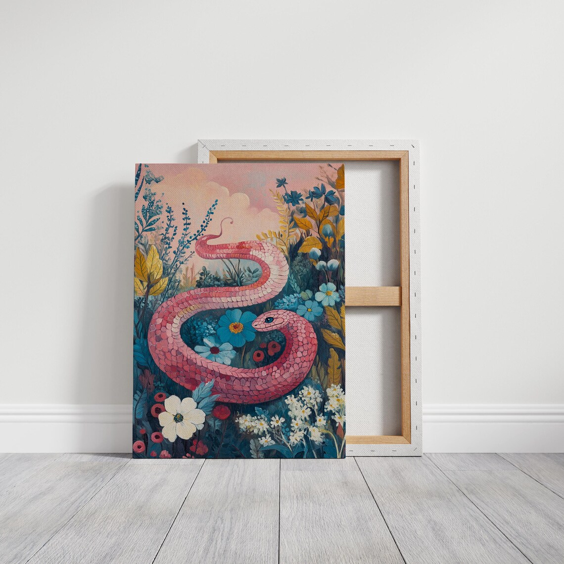 Pink Snake In Blooming Floral Garden Whimsical Botanical Poster - Image 3