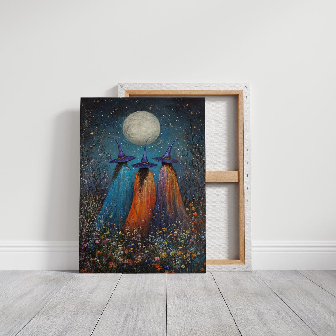 Three Witches Under a Full Moon in a Starlit Wildflower Meadow Poster - Image 3