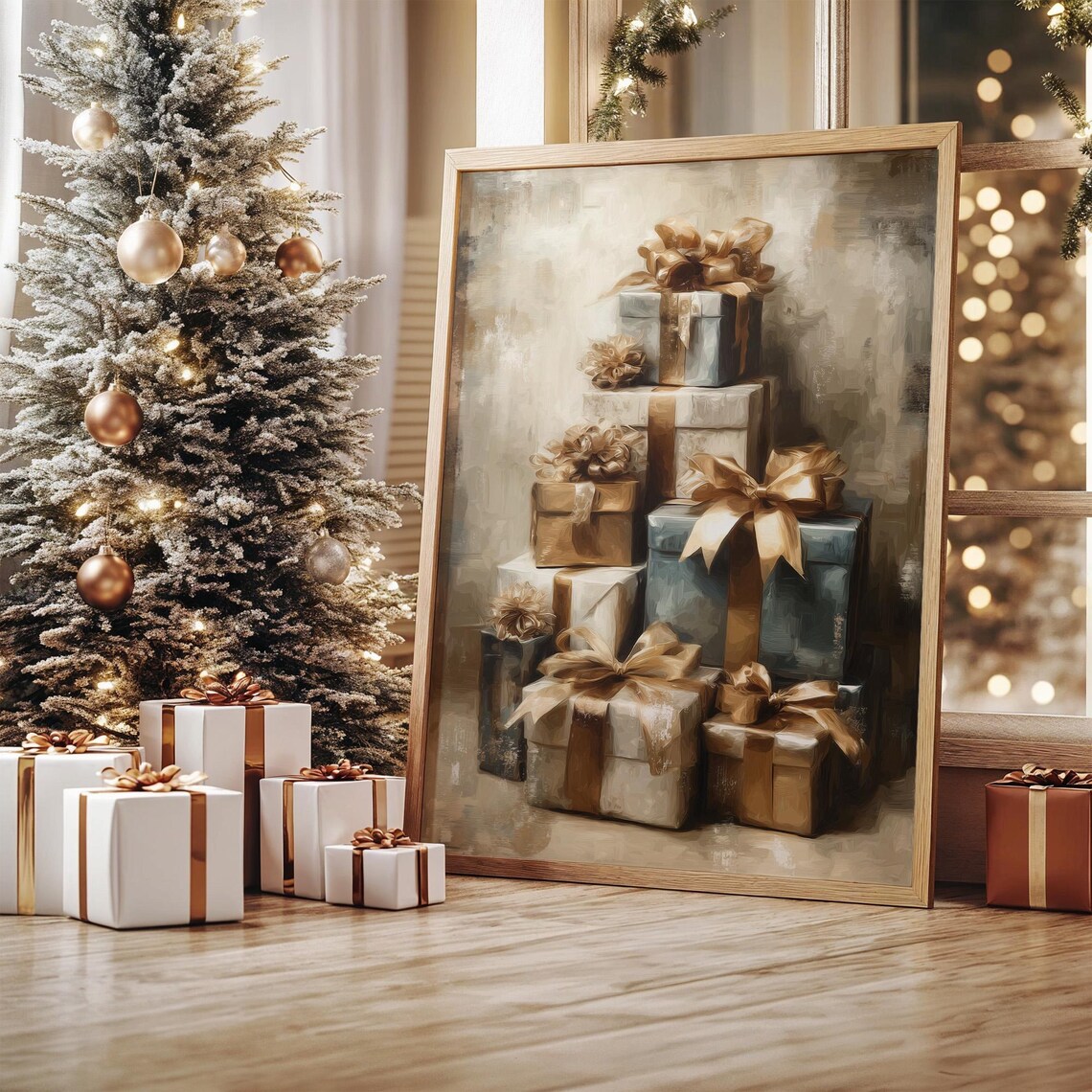 Golden Gift Boxes, Festive Holiday Glow Art Print