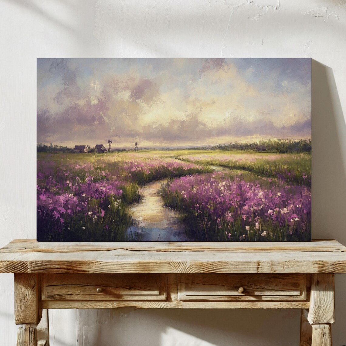 Purple Wildflower Meadow With Stream At Sunset Painting Poster - Image 2