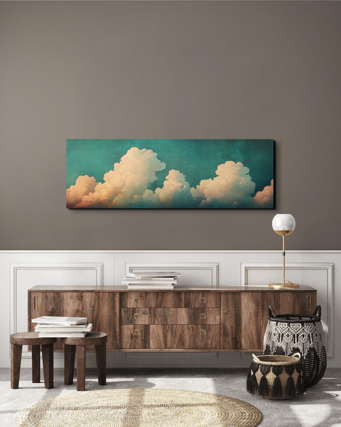 Golden Cumulus Clouds on Teal Sky Sunset Panoramic Art Poster - Image 5