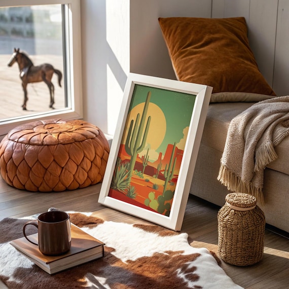 Retro Desert Cactus Print With Bold Sun And Saguaro Silhouettes Southwest