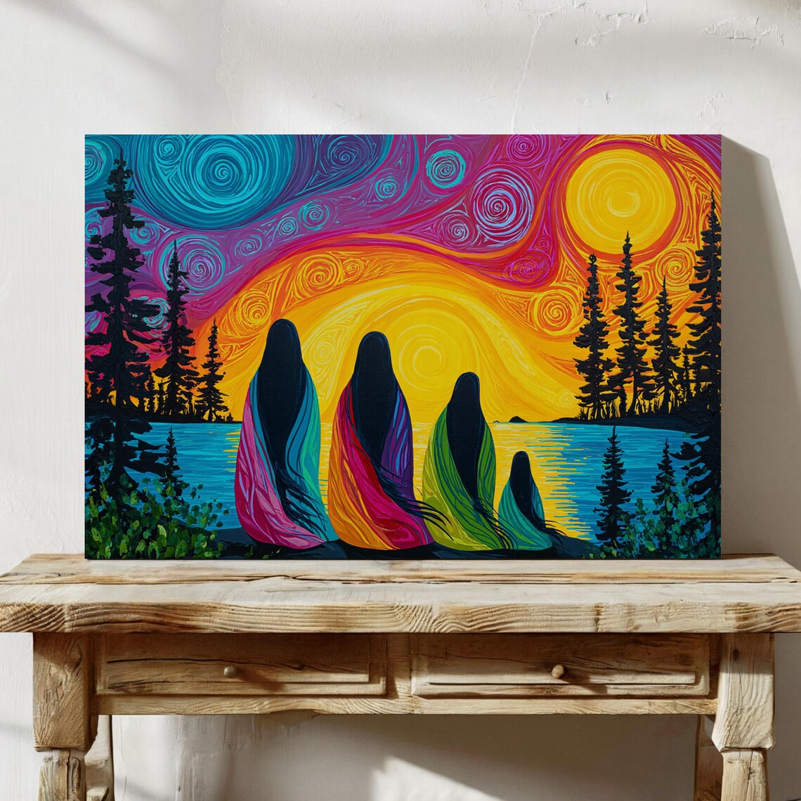 Four Women In Rainbow Cloaks Watching Sunset Lake Pines Art Poster
