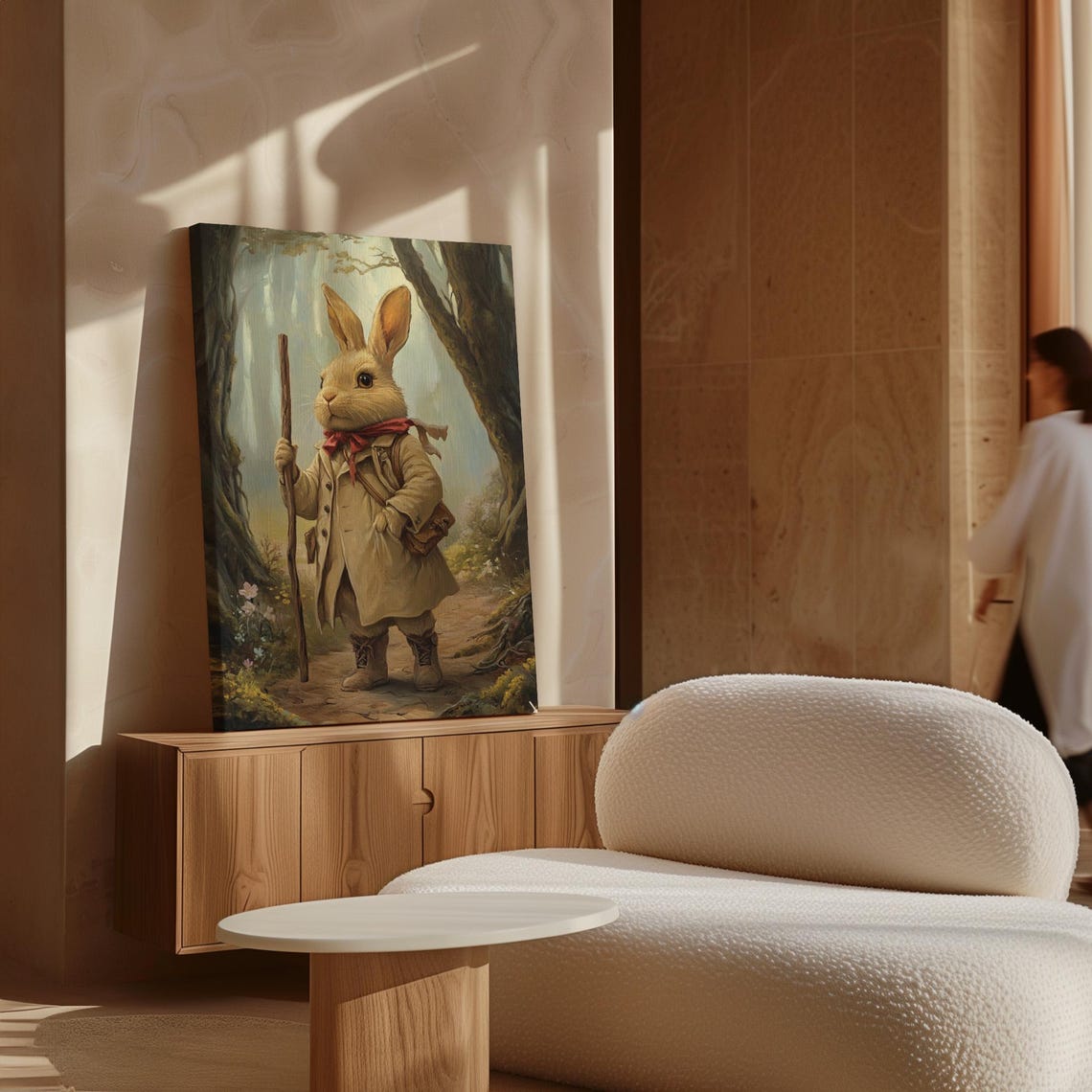 Adventurous Rabbit Traveler in Coat With Staff on Forest Path Poster - Image 7