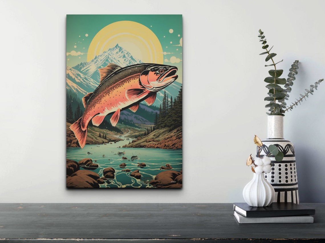 Vintage Leaping Trout Poster With Mountain Sunrise River Scene - Image 5