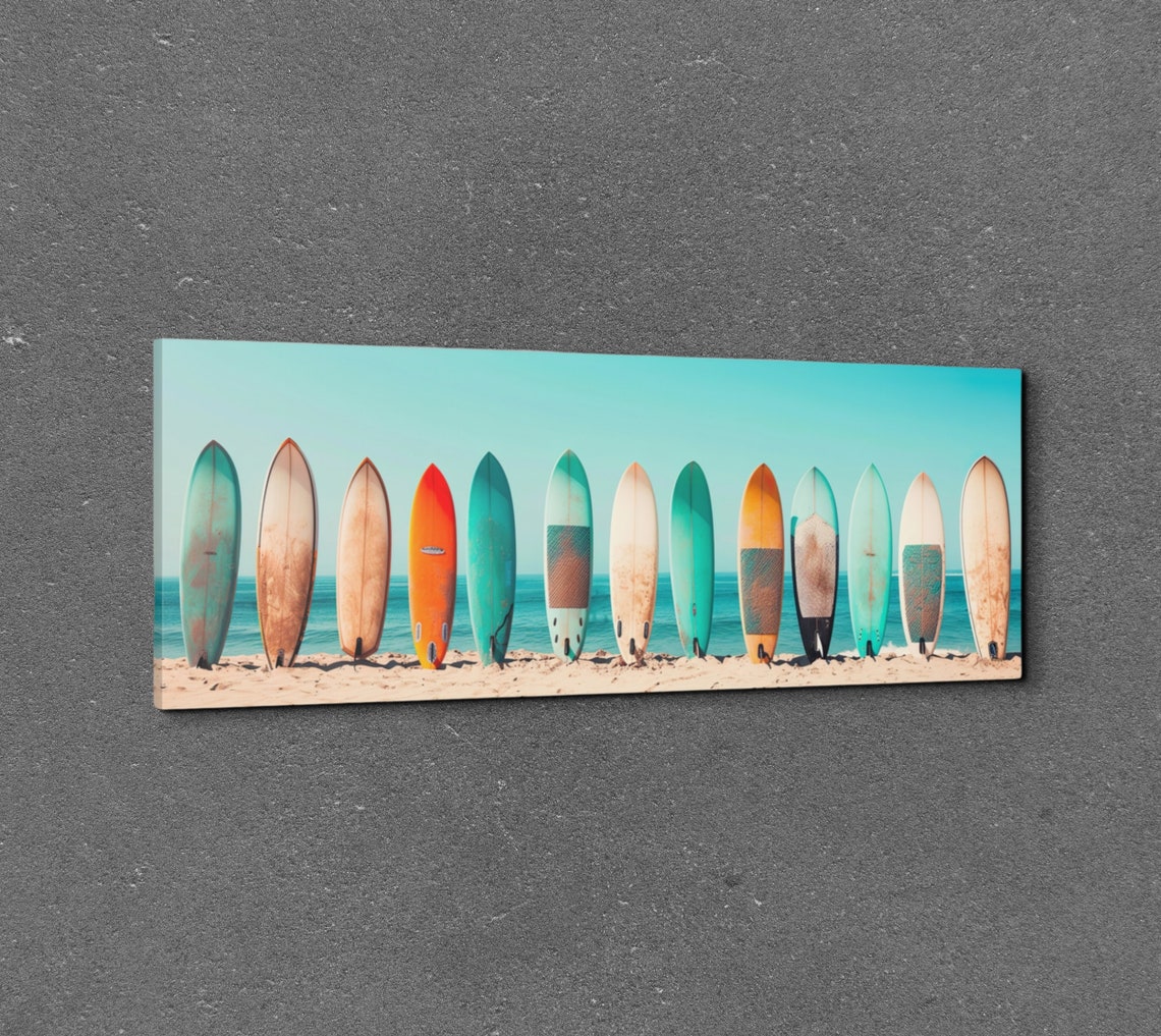 Pastel Color Palette Surfboard Lineup Ready To Hang Panoramic Wall Art Prints Retro Style Surf Art Panoramic Wall Art - Image 3
