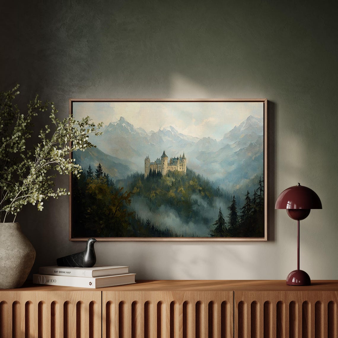 Fairytale Castle in Misty Mountains with Forest Valley Fantasy Poster - Image 4