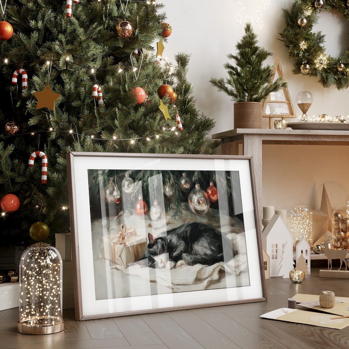 Sleeping Black Cat Under Christmas Tree With Ornaments Art Print