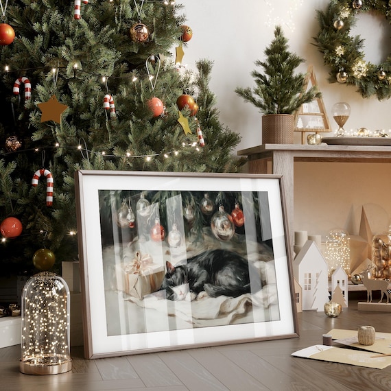 Sleeping Black Cat Under Christmas Tree With Ornaments Art Print
