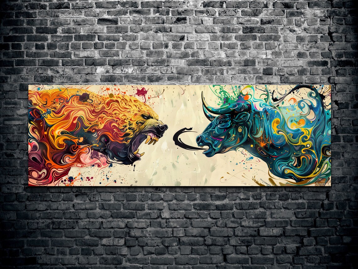 Bull Vs Bear Stock Market Duel Fiery Abstract Animal Heads Panoramic Poster - Image 2