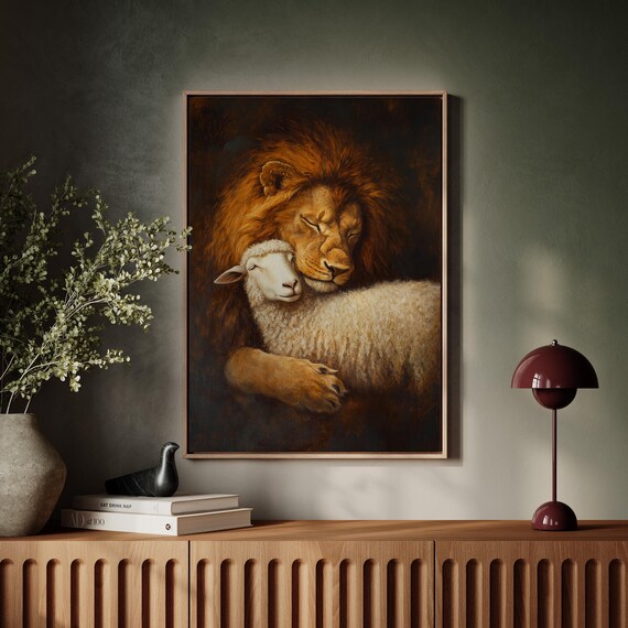 Lion And Lamb Embrace Peaceful Christian Spiritual Painting Poster