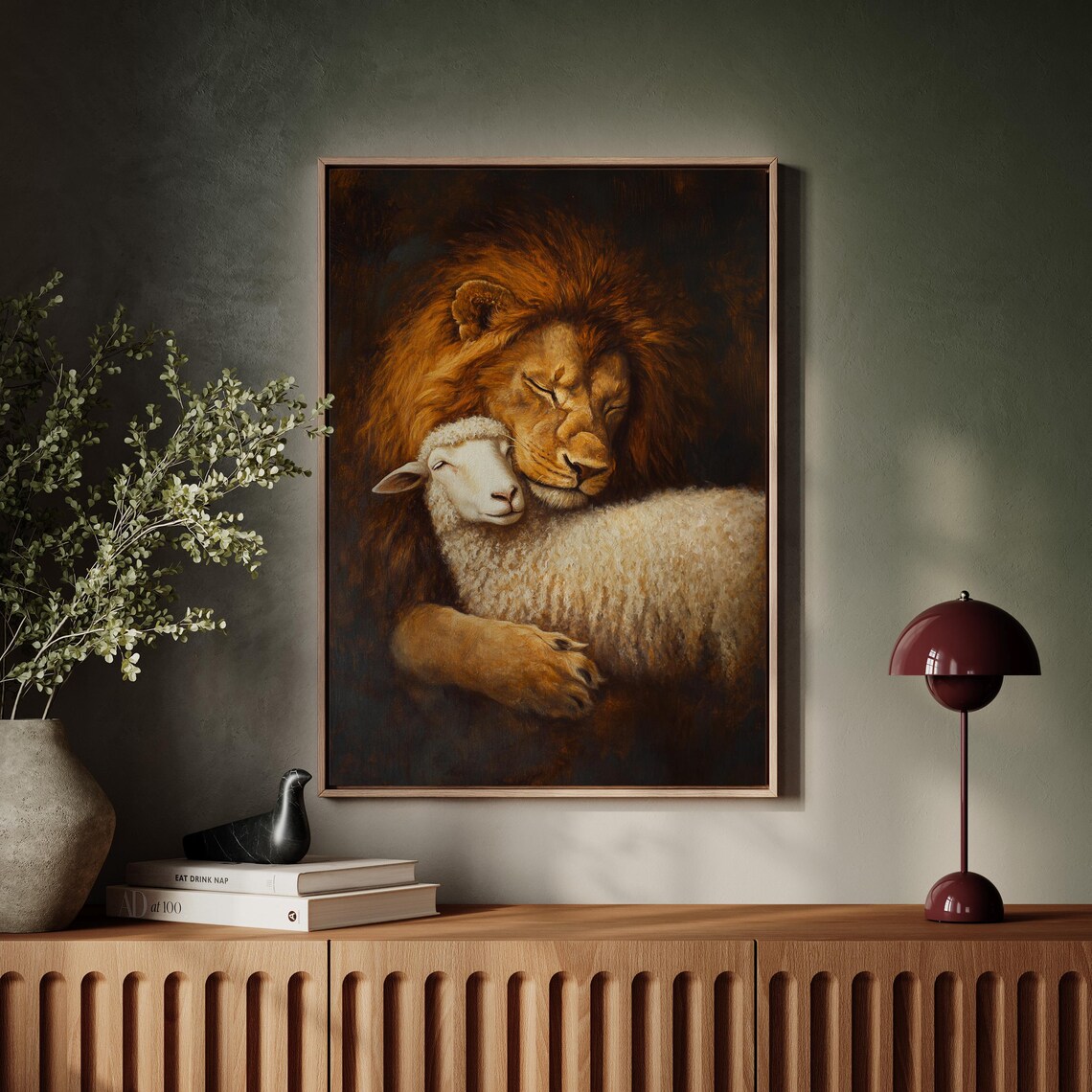 Lion And Lamb Embrace Peaceful Christian Spiritual Painting Poster