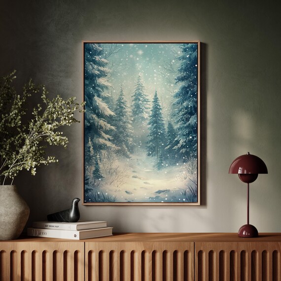 Snow Covered Pine Forest Path Falling Snowflakes Serene Winter Wall Art