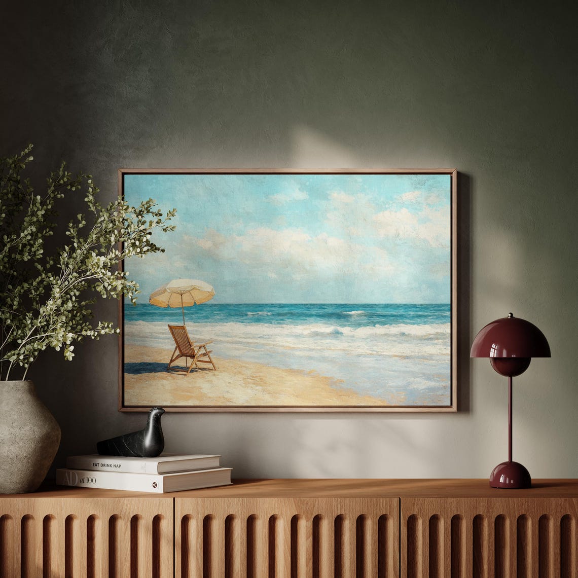 Sunlit Beach Umbrella and Wooden Chair Ocean Waves Painting Poster - Image 5