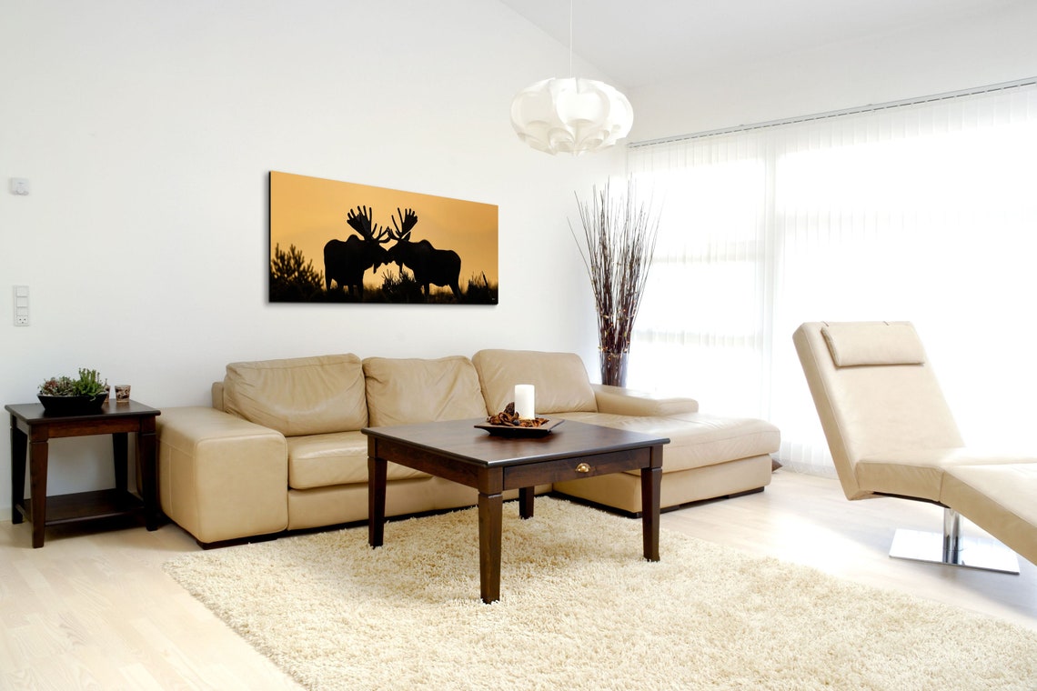 Two Moose Silhouettes at Golden Sunset Wilderness Panorama Wall Art - Image 7