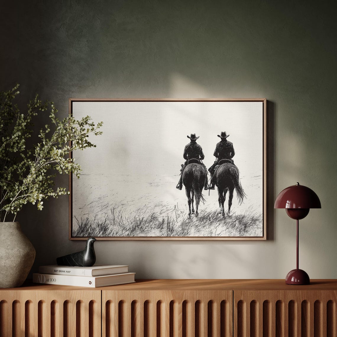 Cowboys On Horseback Western Line Art Print Rustic Black And White Wall Art Country Ranch Decor - Image 4