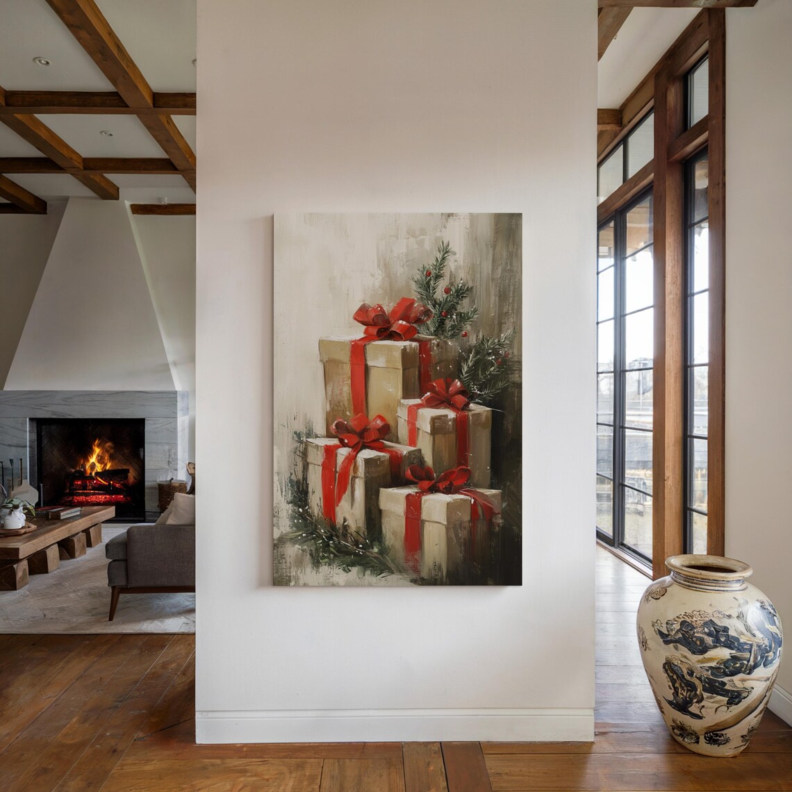 Stacked Christmas Gift Boxes With Red Ribbons Pine Holiday Poster - Image 5