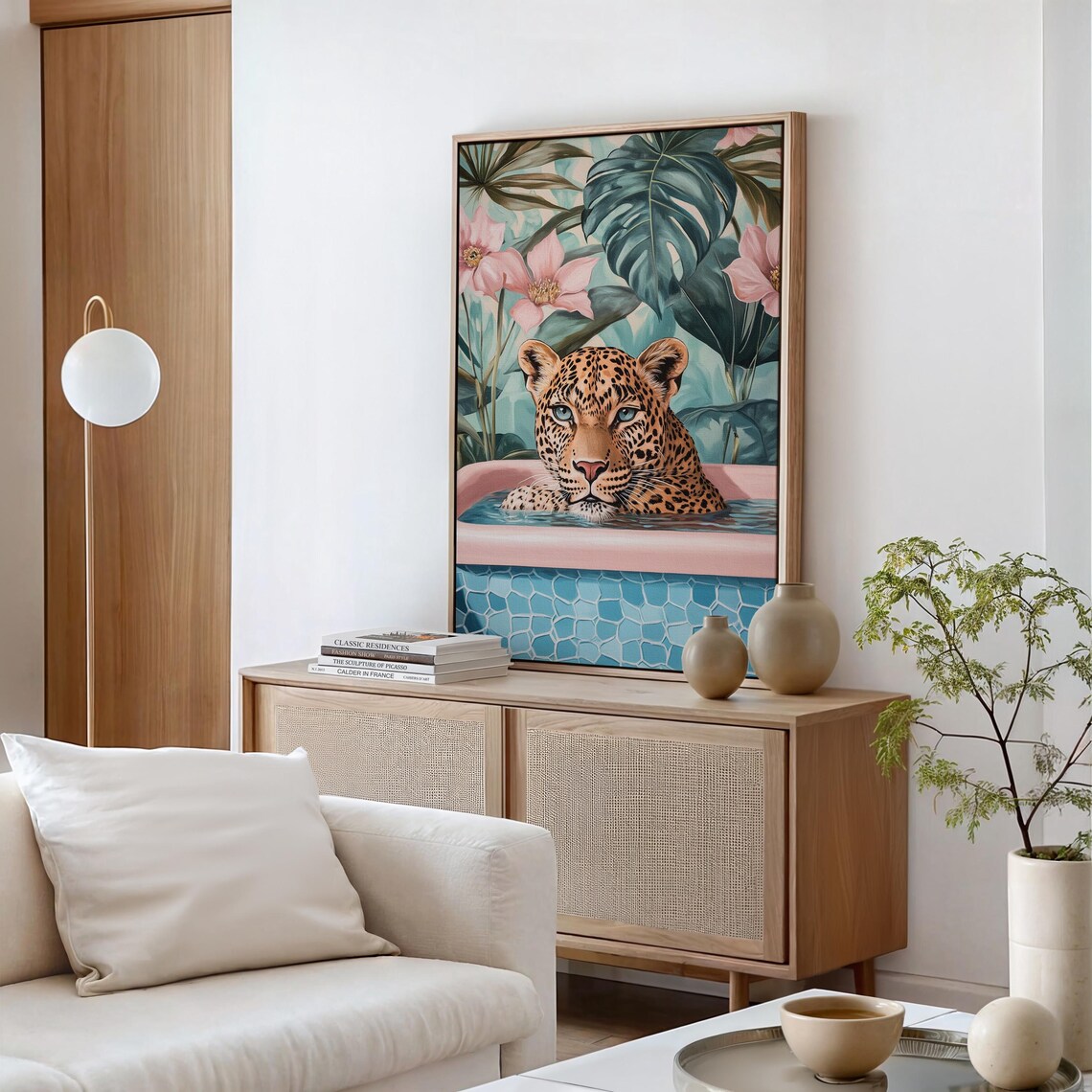 Leopard Bathing Tropical Pool Floral Jungle Whimsical Art Poster - Image 5