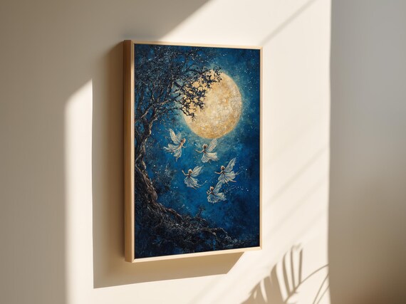 Five Fairies Dancing Under Golden Full Moon Beside Old Tree Poster