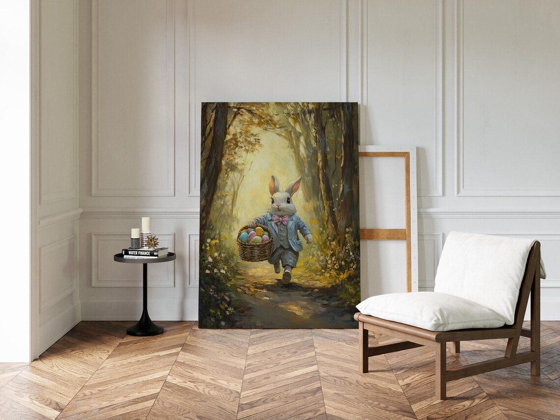 Easter Bunny With Egg Basket, Rustic Spring Art Print - Image 3