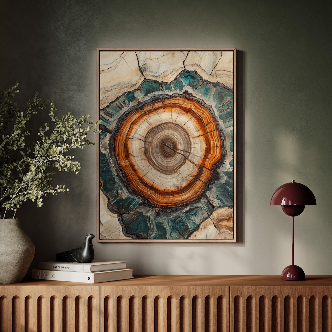 Petrified Wood Tree Ring Cross Section Earthy Blue Nature Art Poster - Image 3